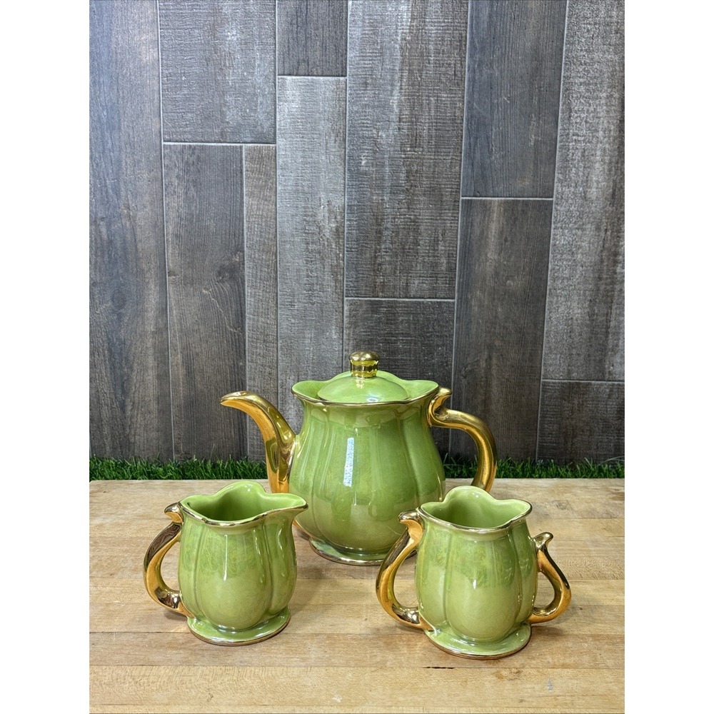 Vintage Pearl China Lime Green Lusterware Tea Set 22K Gold Teapot Creamer Sugar